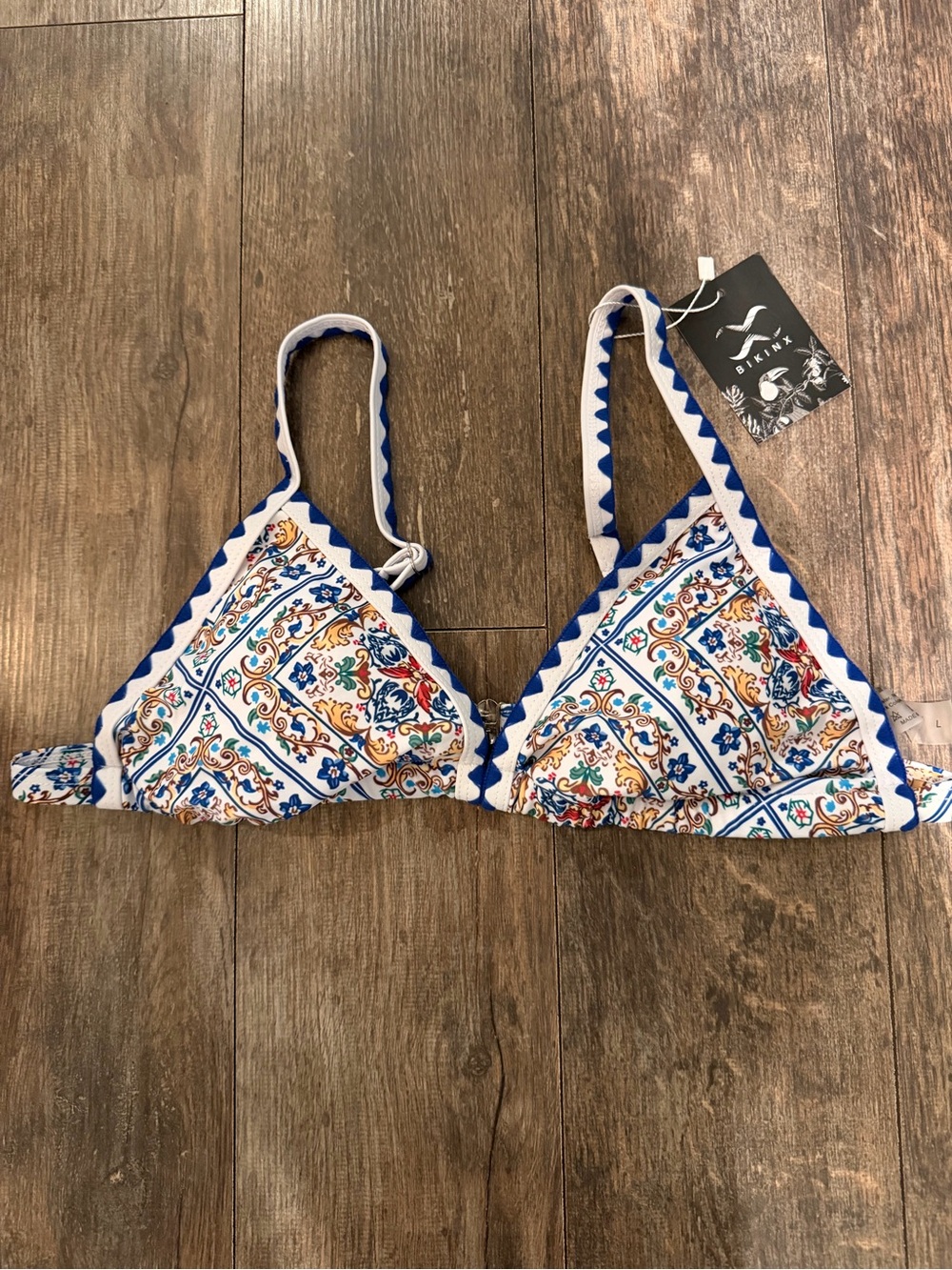 BikiniX Blue & White Mosaic Triangle Bikini Top with Scalloped Trim